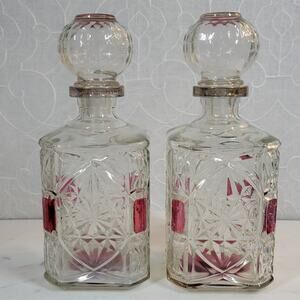 Vintage Decanters Crystal Cranberry Liquor Heavy Cut Glass Whiskey Set of 2